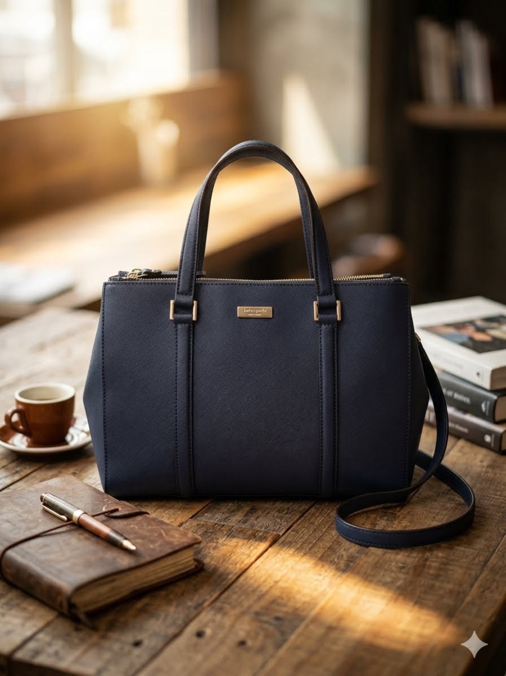 kate spade Navy Structured Satchel with Top Handles and Detachable Strap